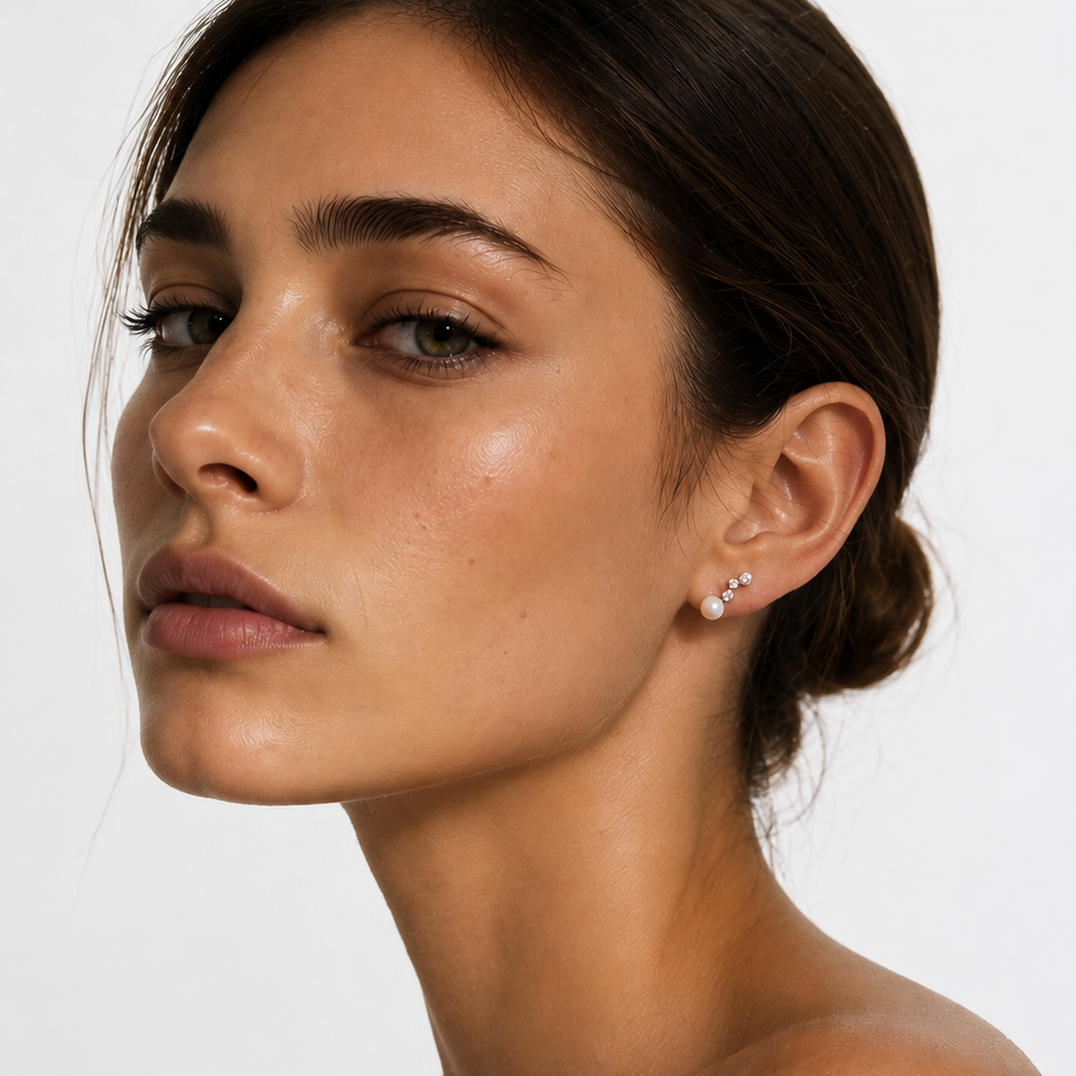 Close-up of a woman wearing a pearl and CZ earrings against a plain background