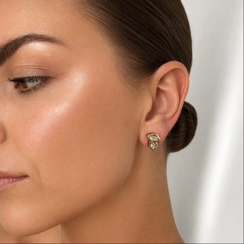 Gold crystal stud earrings worn on ear, minimal everyday jewellery, Charlie Earrings
