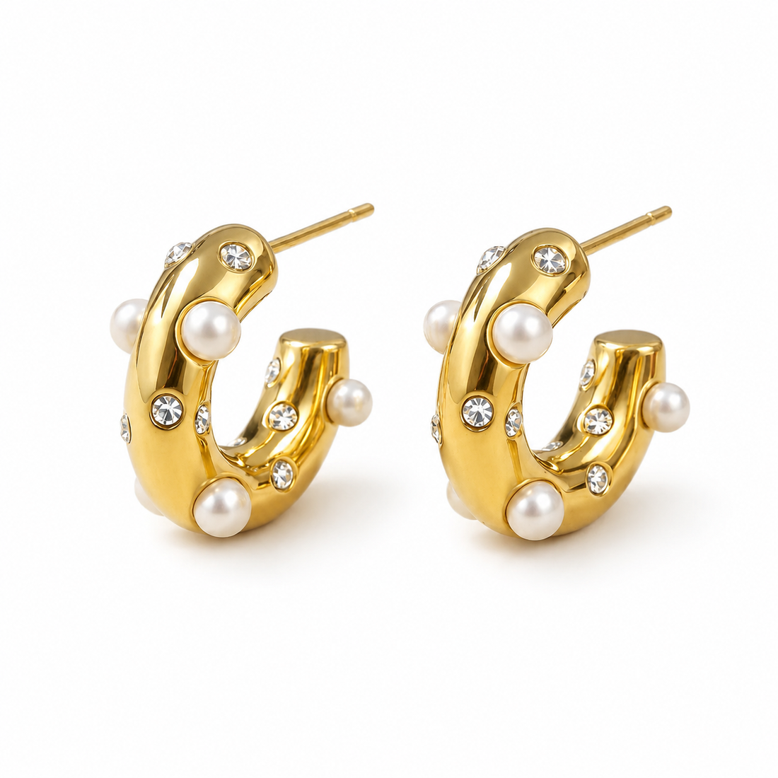 Gold Plated Earrings with Pearl & CZ on white background