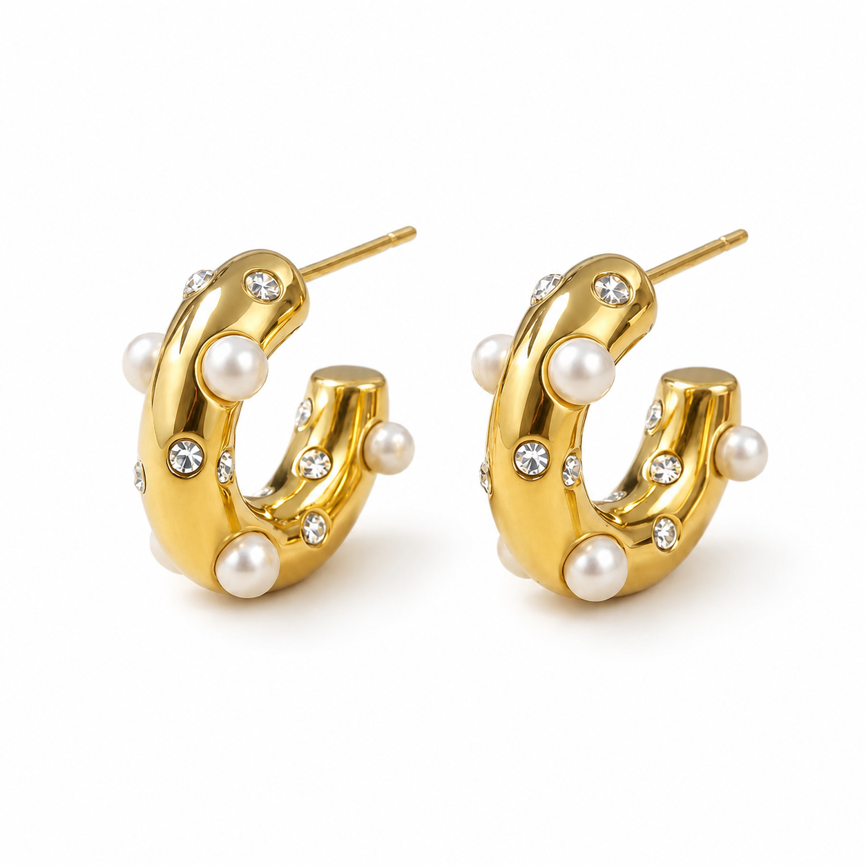 Gold Plated Earrings with Pearl & CZ on white background