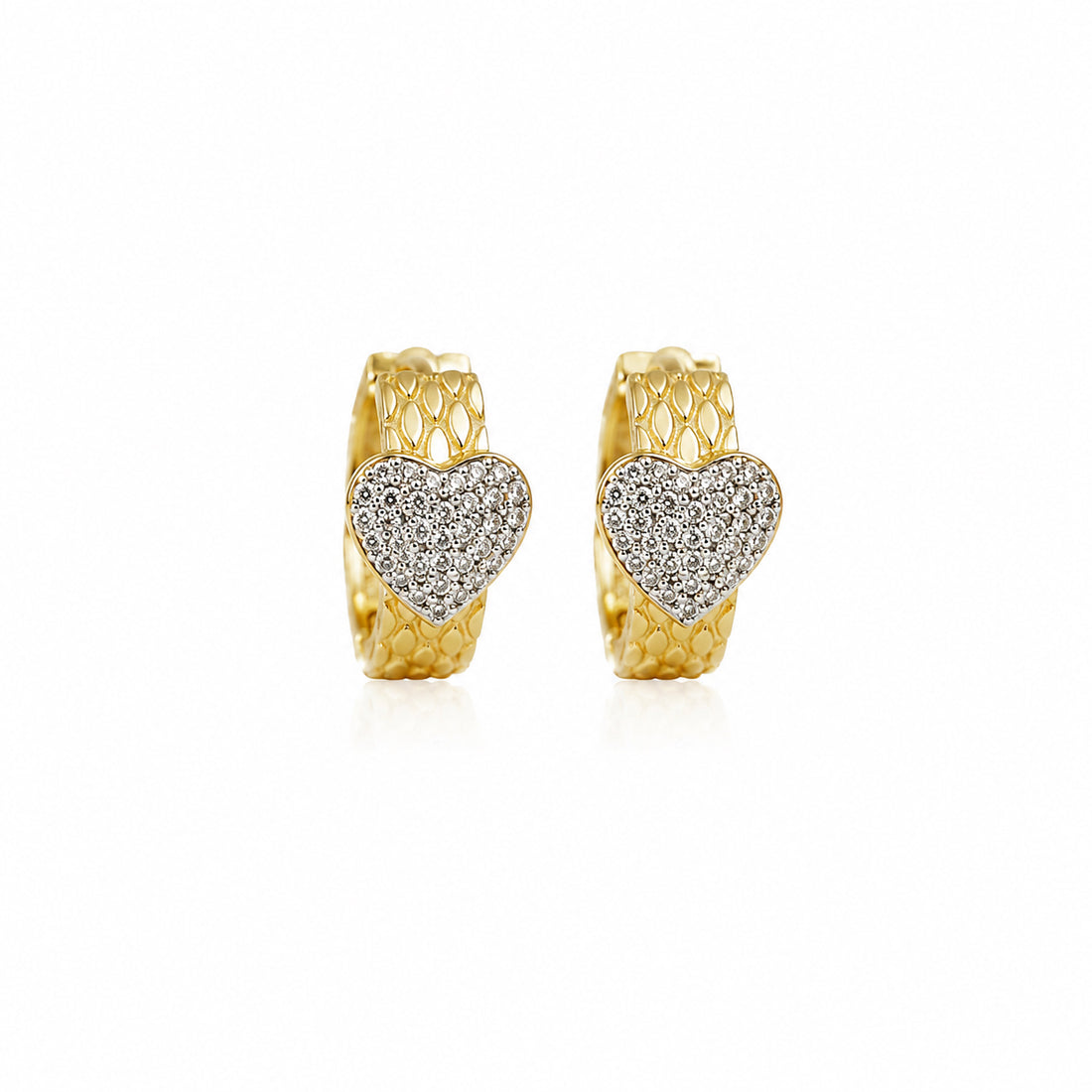 A pair of gold huggie hoop earrings with a textured honeycomb outer band and a central pavé heart-shaped cluster of clear stones, shown on a plain white background.