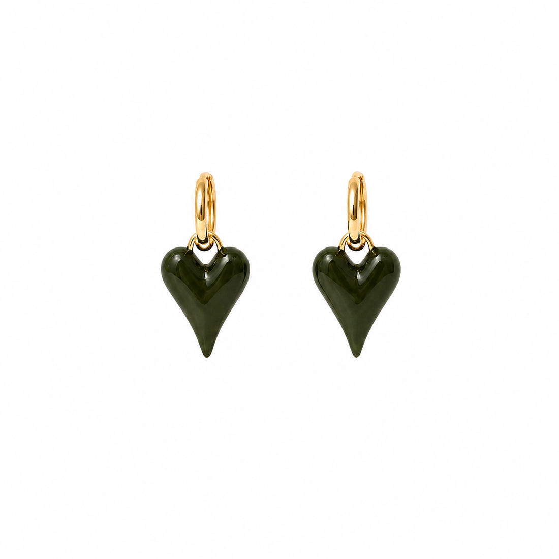 Gold plated huggie earrings khaki hearts on white background