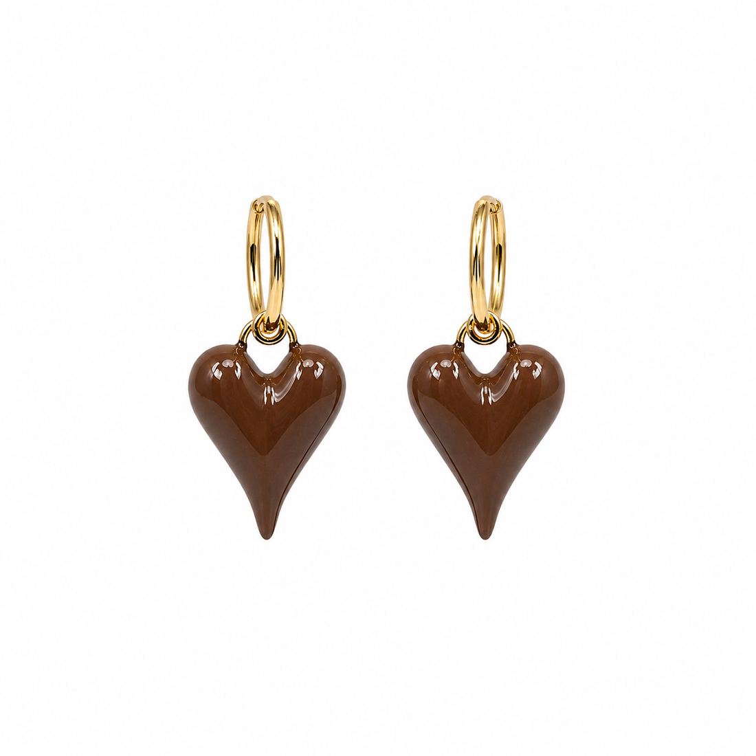 Chocolate Brown Heart gold plated earrings on white background