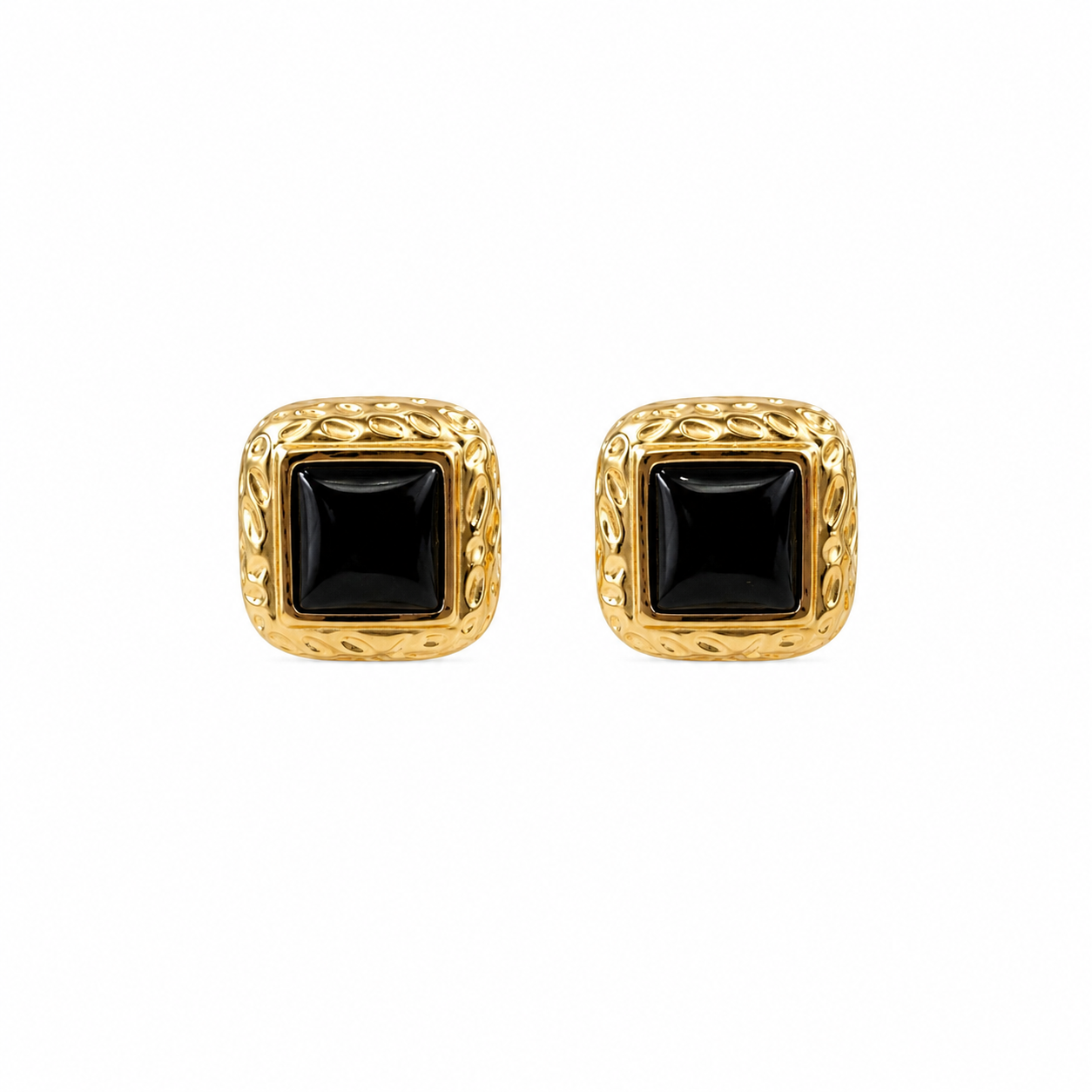 Zarie gold and black square stud earrings on white background