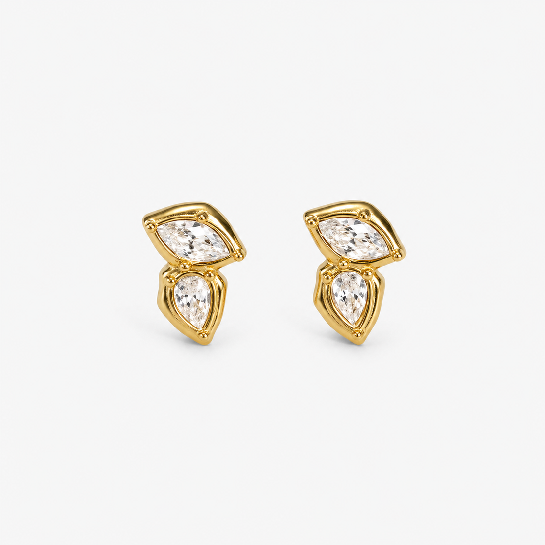 Gold double crystal stud earrings with marquise a pear cut stone, Charlie Earrings