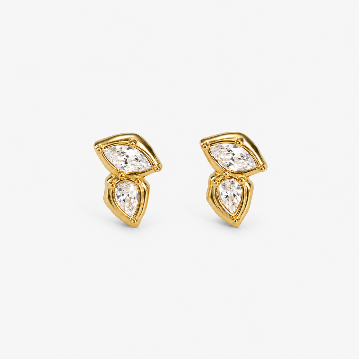 Gold double crystal stud earrings with marquise a pear cut stone, Charlie Earrings
