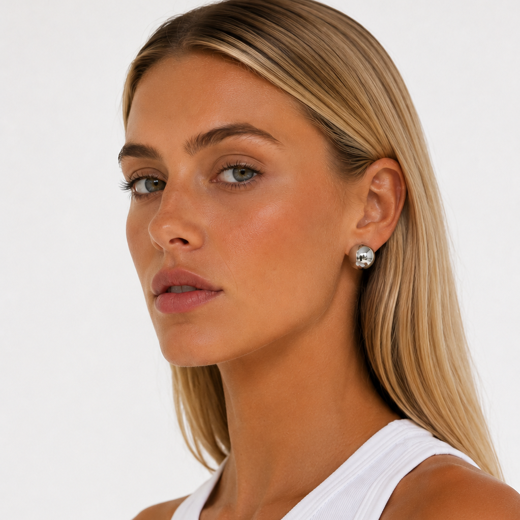 Lady Lou Model wearing silver dome earrings
