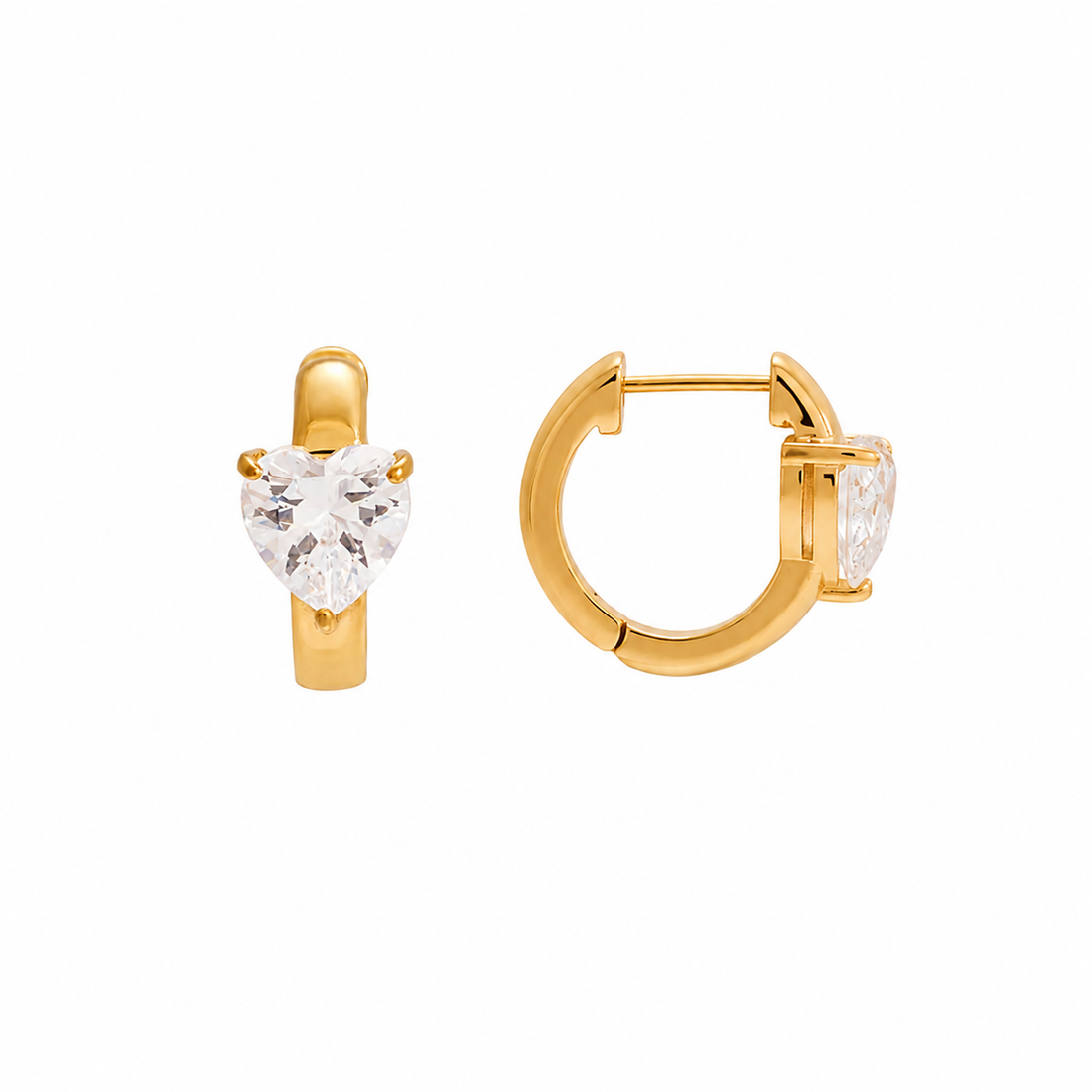 Gold plated huggie earrings with heart-shaped CZ on a white background