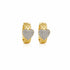 A pair of gold huggie hoop earrings with a textured honeycomb outer band and a central pavé heart-shaped cluster of clear stones, shown on a plain white background.