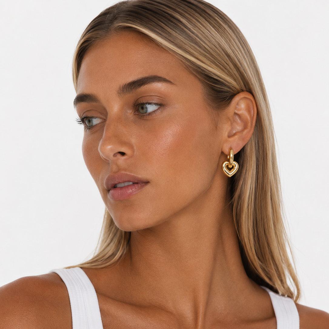 Frankie Earrings- Large Gold Plated Huggie Charm Earrings_Lady Lou Collections_Model on white background