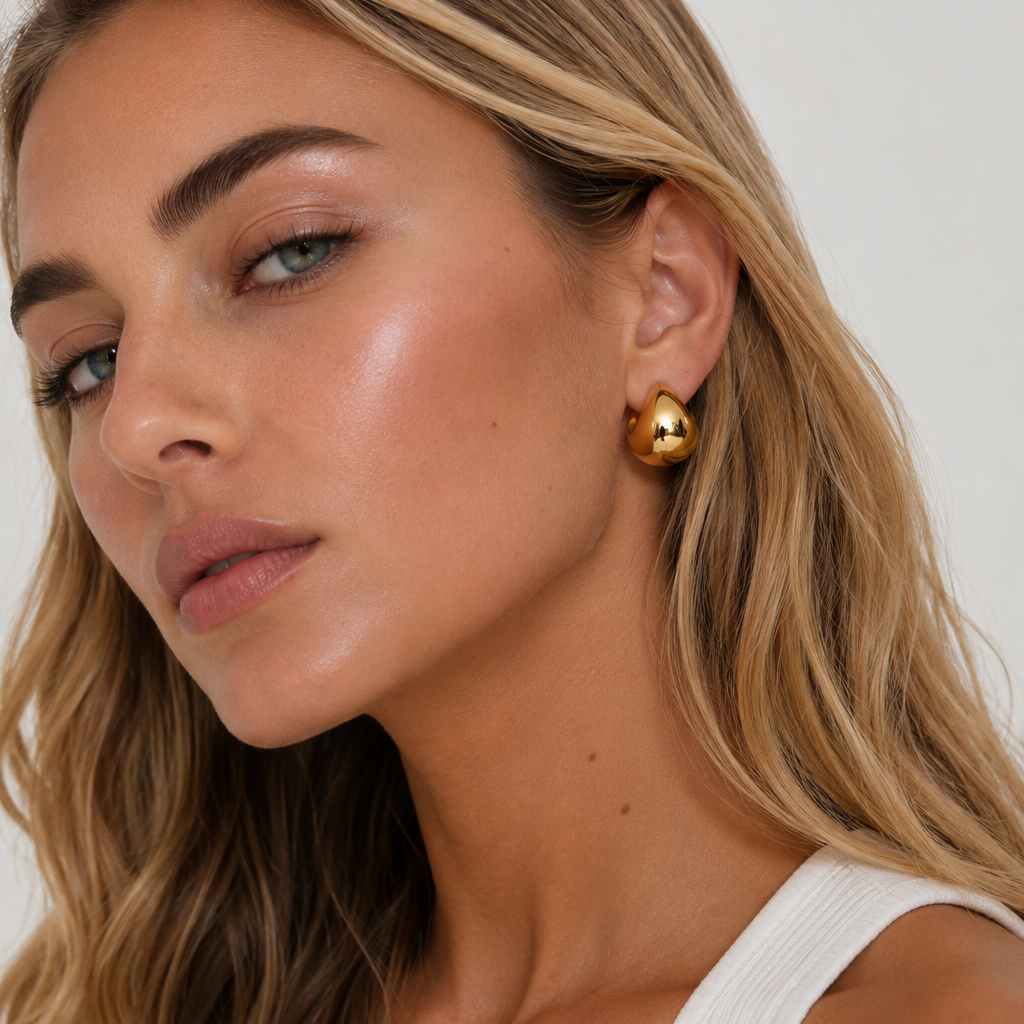 Close-up of a woman wearing gold plated Harper earrings with a plain background