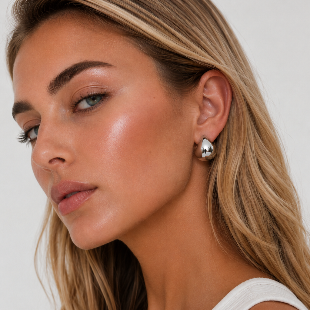 Close-up of a woman wearing silver Harper earrings with a plain background