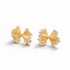 Gold plated bow-shaped earrings with embedded stones on a white background