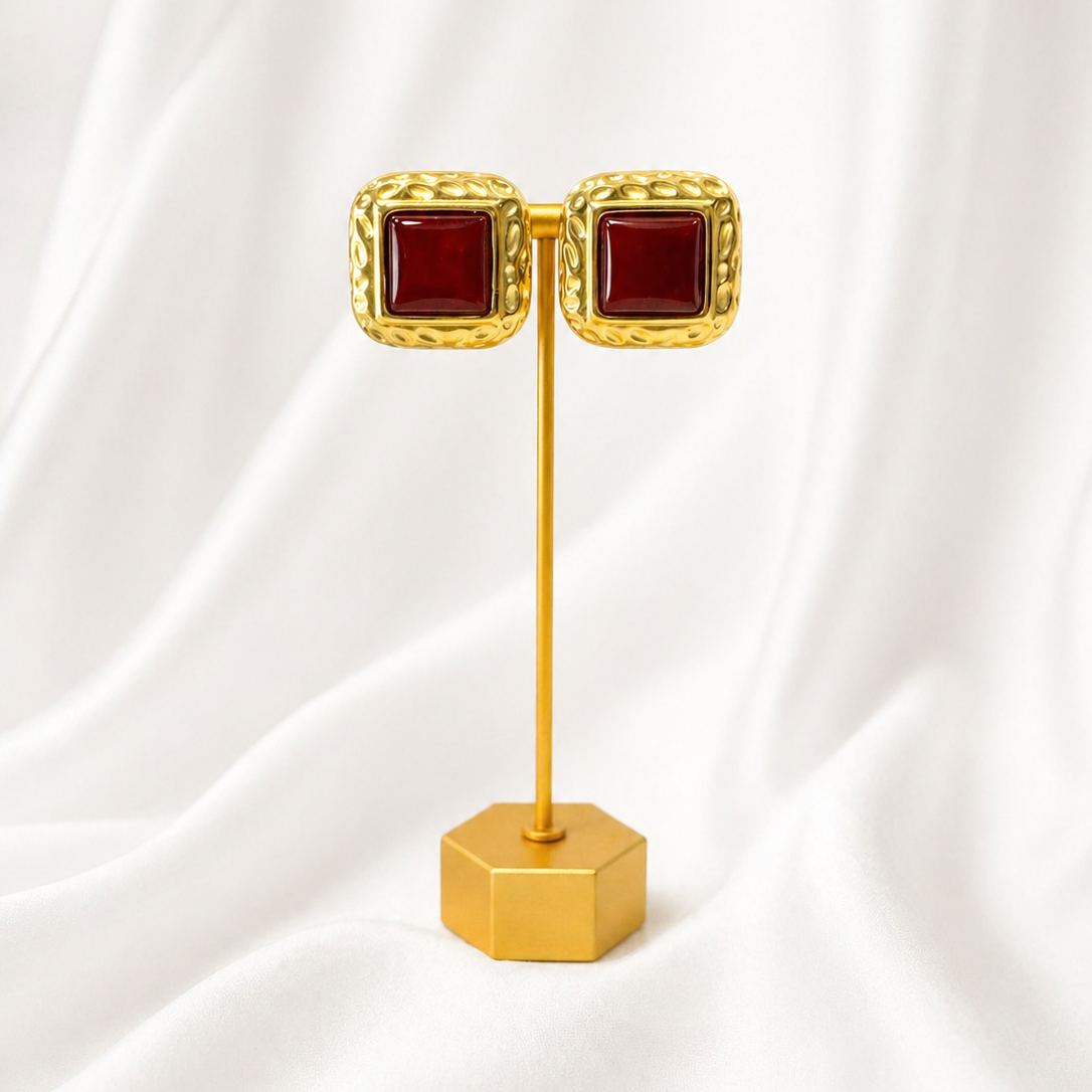 Zara Gold and brown square earrings on white background