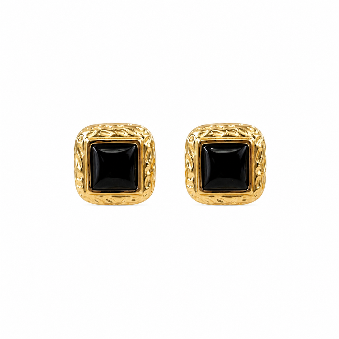 Zarie gold and black square stud earrings on white background
